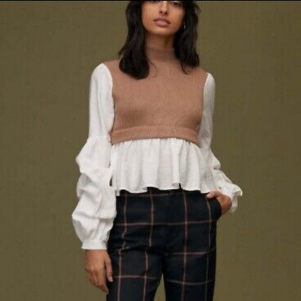 Anthropologie Camel Ribbed Sweater Ruffled Blouse